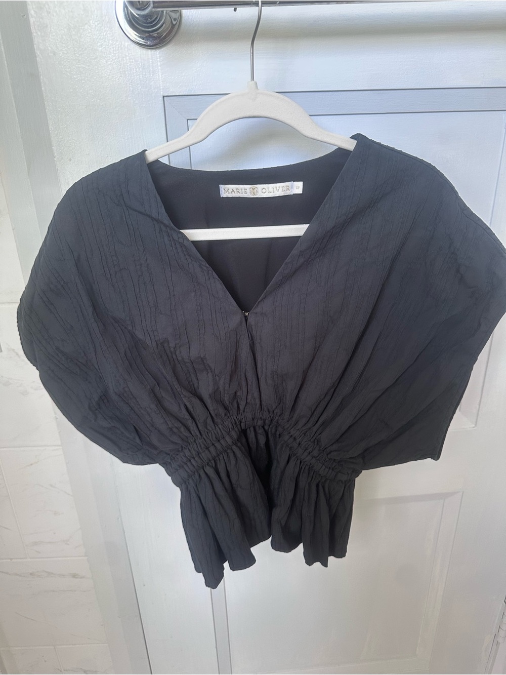 Marie Oliver Black Textured V-Neck Smocked-Waist Blouse